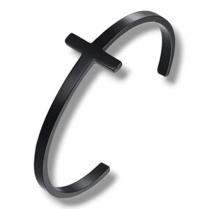 Black Cross Stainless Steel Stackable Cuff Bracelet - Semi Adjustable